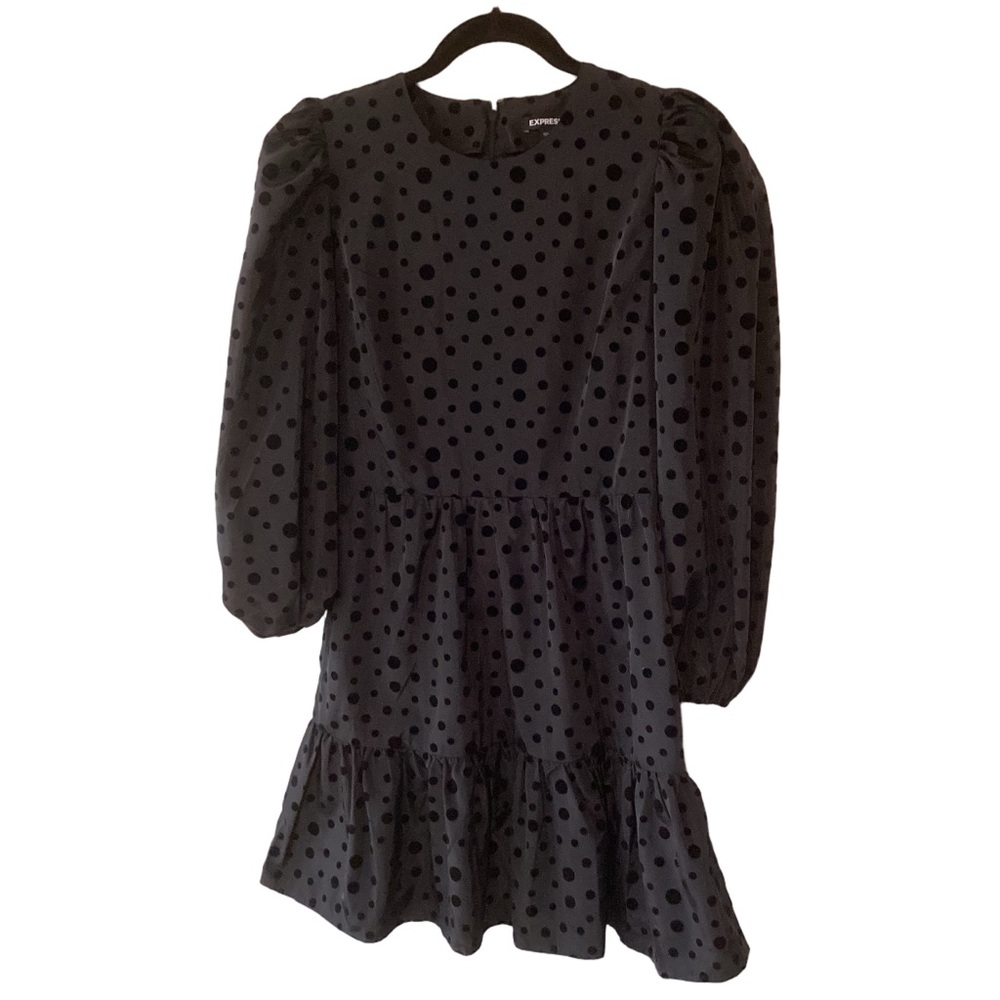 Express Polka Dot Puff Sleeve Mini Dress Size Small Black Matching Belt